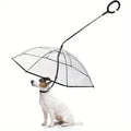 A small white dog sitting under a clear transparent dog umbrella with an attached leash on a white background.