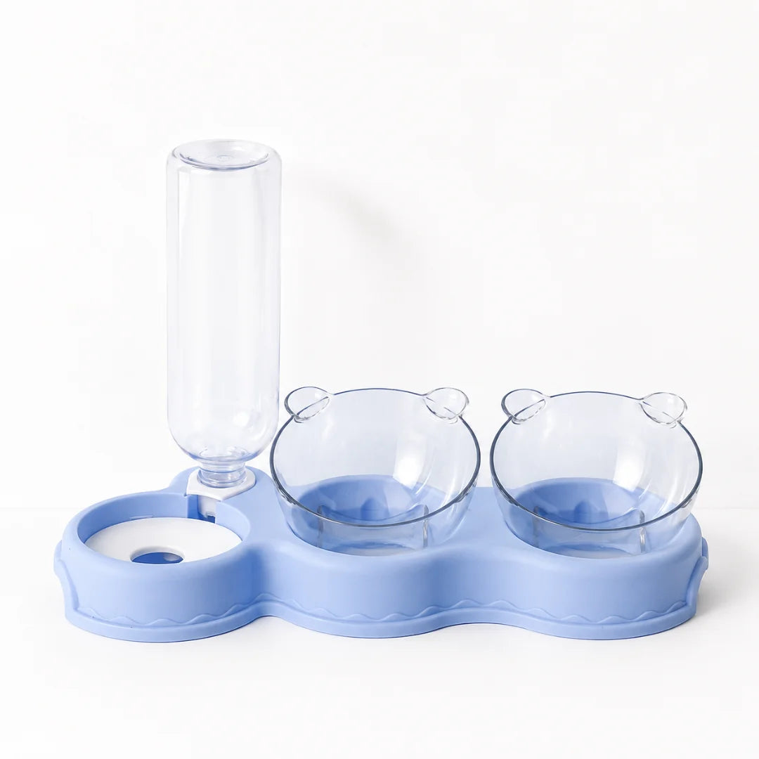 Blue Petifo automatic water dispenser and double cat bowl set with a clear vertical bottle.