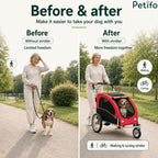 Before and after comparison illustrating a woman walking a dog on a leash versus using the Petifo walking and cycling stroller.