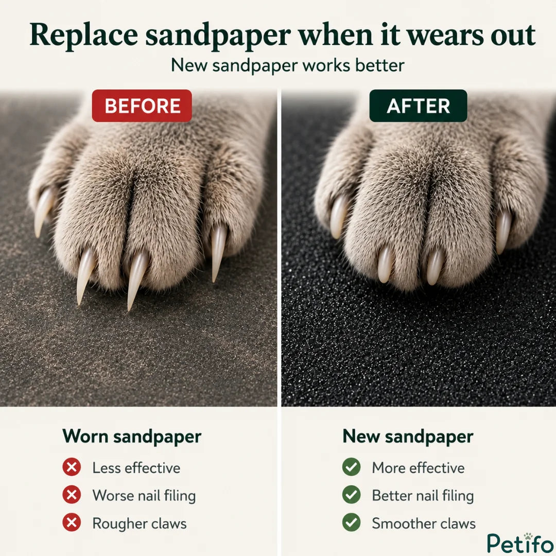 Before and after comparison of cat claws demonstrating improved filing and smoother results with new sandpaper.