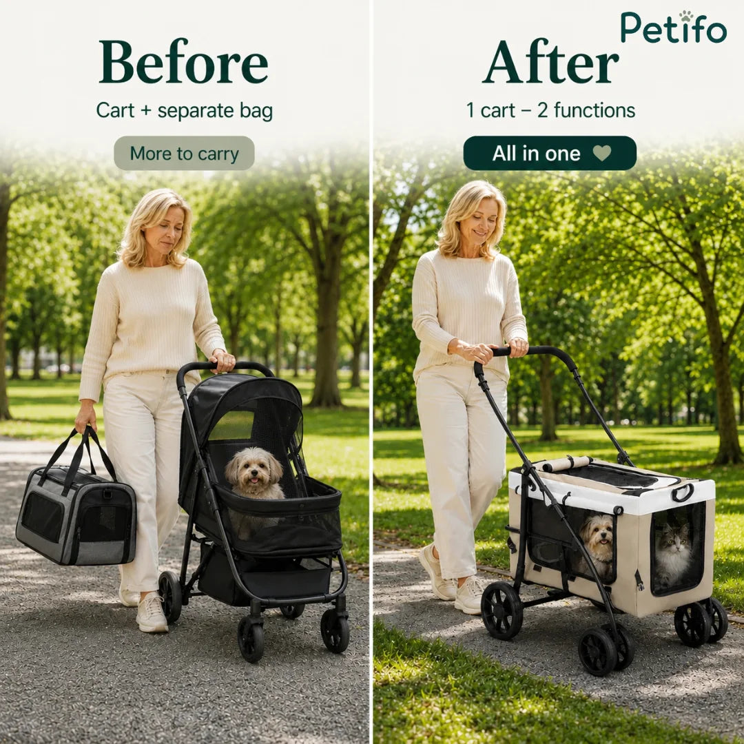 Before and after infographic highlighting how the Petifo 2-in-1 cart eliminates the need for carrying a separate bag.