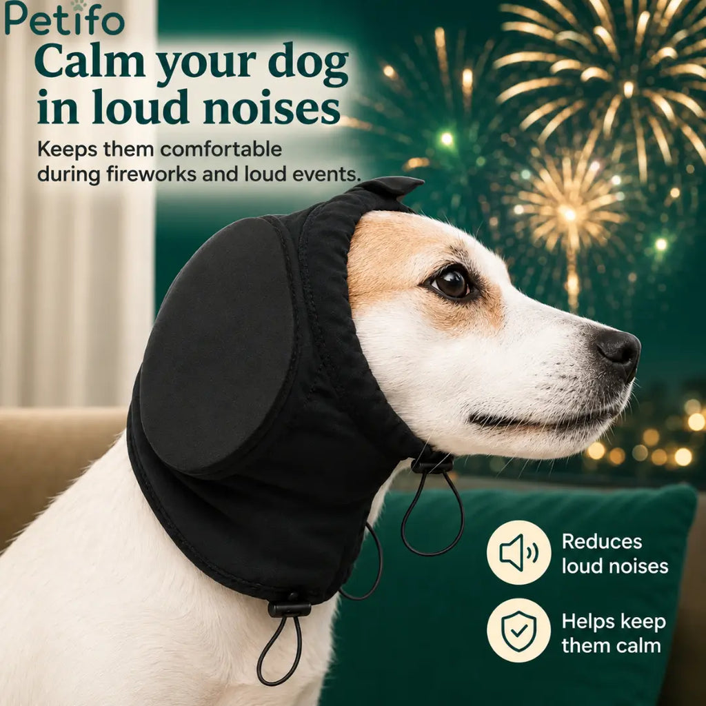 Benefits infographic showcasing how the Petifo anti-anxiety cap reduces stress and ensures safer, more peaceful nights during fireworks.