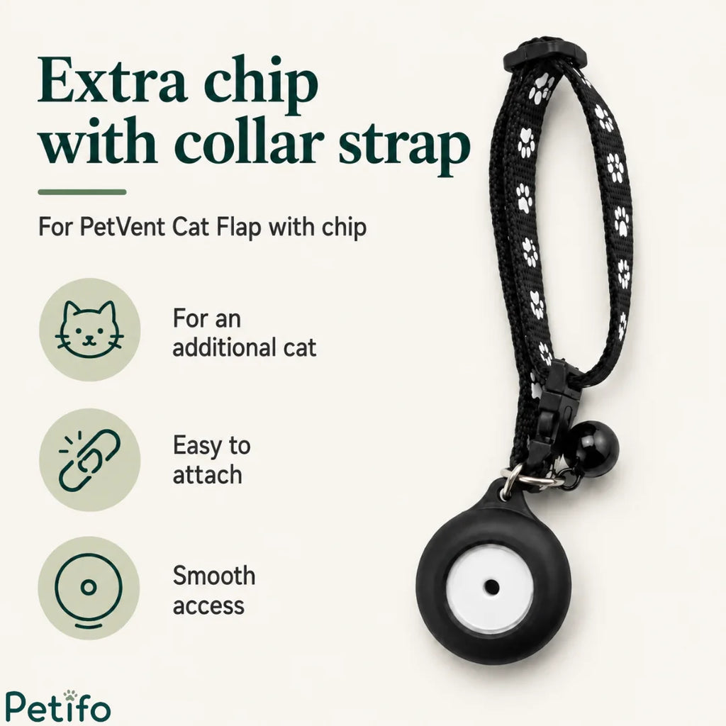 Extra electronic microchip sensor tag with a black paw-print collar strap designed to provide smooth access for an additional cat.