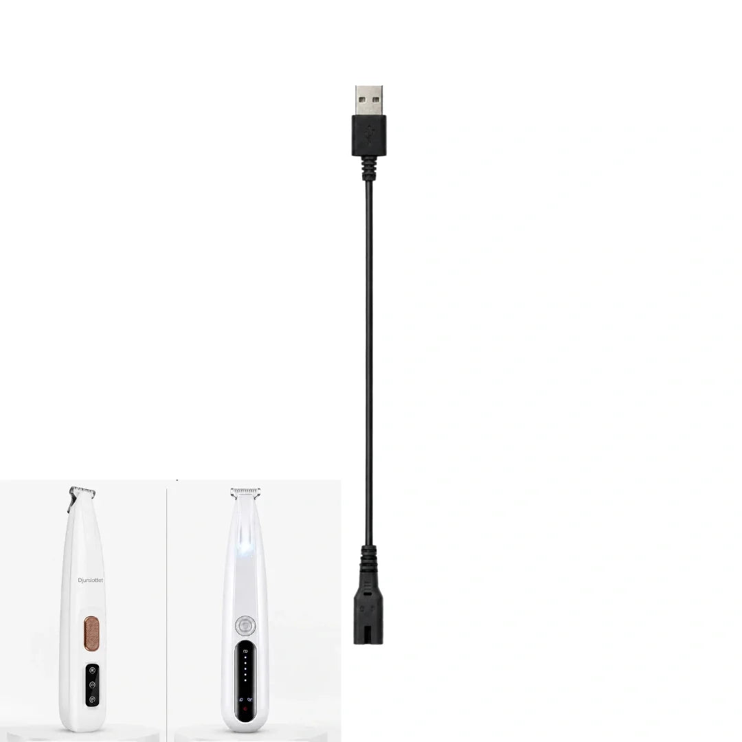 Black charging cable shown alongside two white electric pet grooming trimmers against a white background.