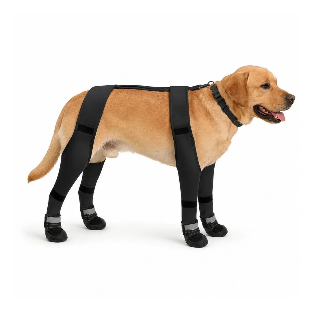 Golden Labrador retriever standing on a white background wearing a black full-leg dog winter boot and harness set with reflective straps.