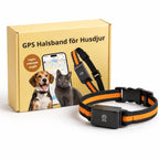 Black and orange GPS pet tracker collar next to its packaging box featuring a dog and cat image.