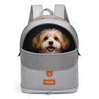 Grey breathable pet backpack carrier featuring a front mesh window and a happy small dog looking out.