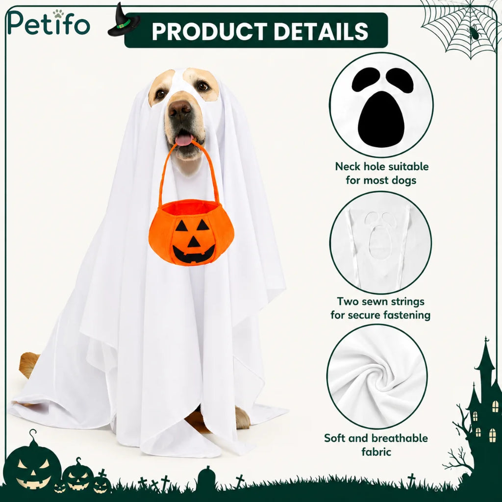 Informational graphic detailing key product features of the dog ghost costume including breathable fabric, secure neck holes, and fastening strings.