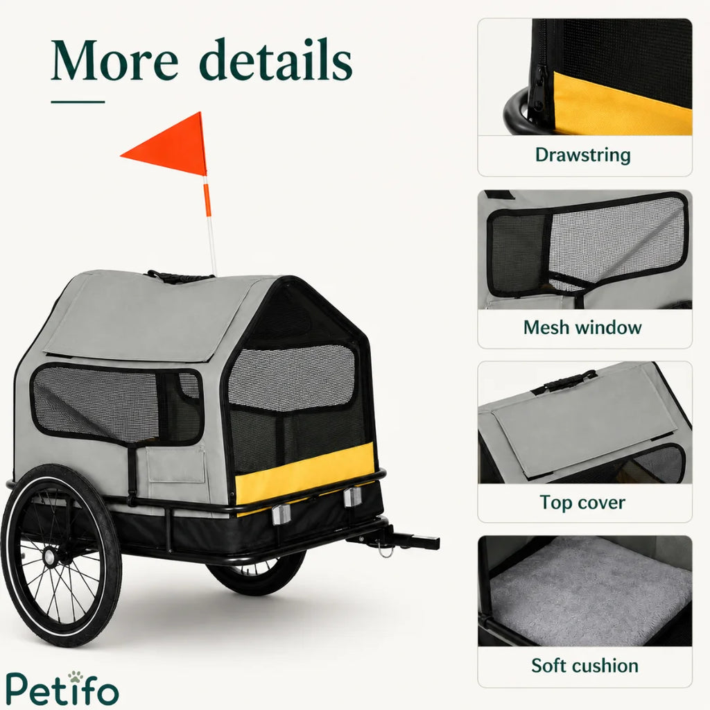 Product feature breakdown displaying the secure drawstring closure, breathable mesh window, protective top cover, and plush interior cushion.