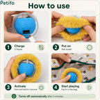 Step-by-step instructions showing how to charge, cover, activate, and place the smart interactive cat toy ball into play.