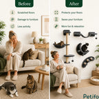 Before-and-after comparison showing a cat owner dealing with damaged furniture versus enjoying a clean living space with a wall cat tree.