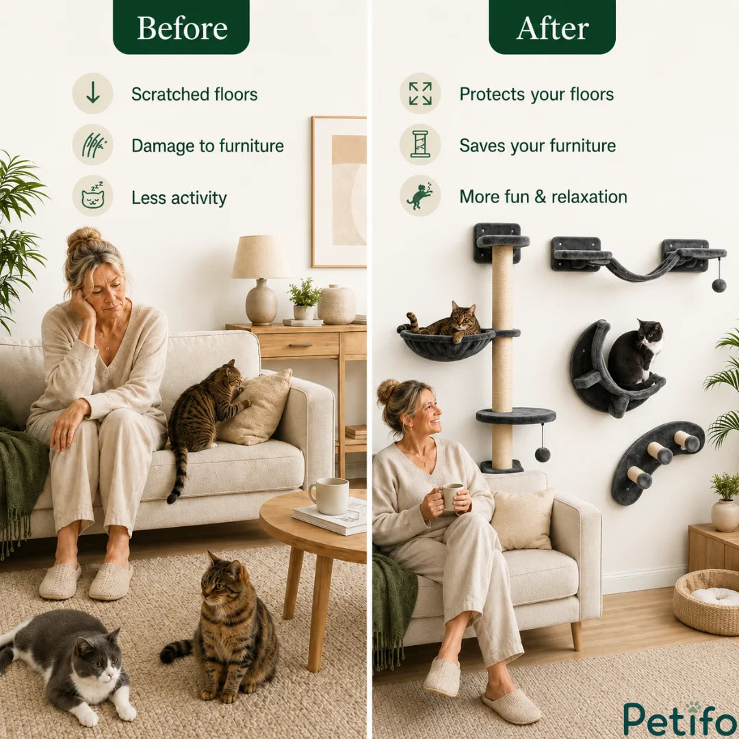 Before-and-after comparison showing a cat owner dealing with damaged furniture versus enjoying a clean living space with a wall cat tree.
