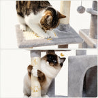 Close-up detail showing a cat scratching on a platform pad and another cat scratching a 3.4-inch diameter sisal-wrapped post.