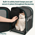 Close-up of the built-in safety leash securing a fluffy cat inside the open gray pet carrier backpack.