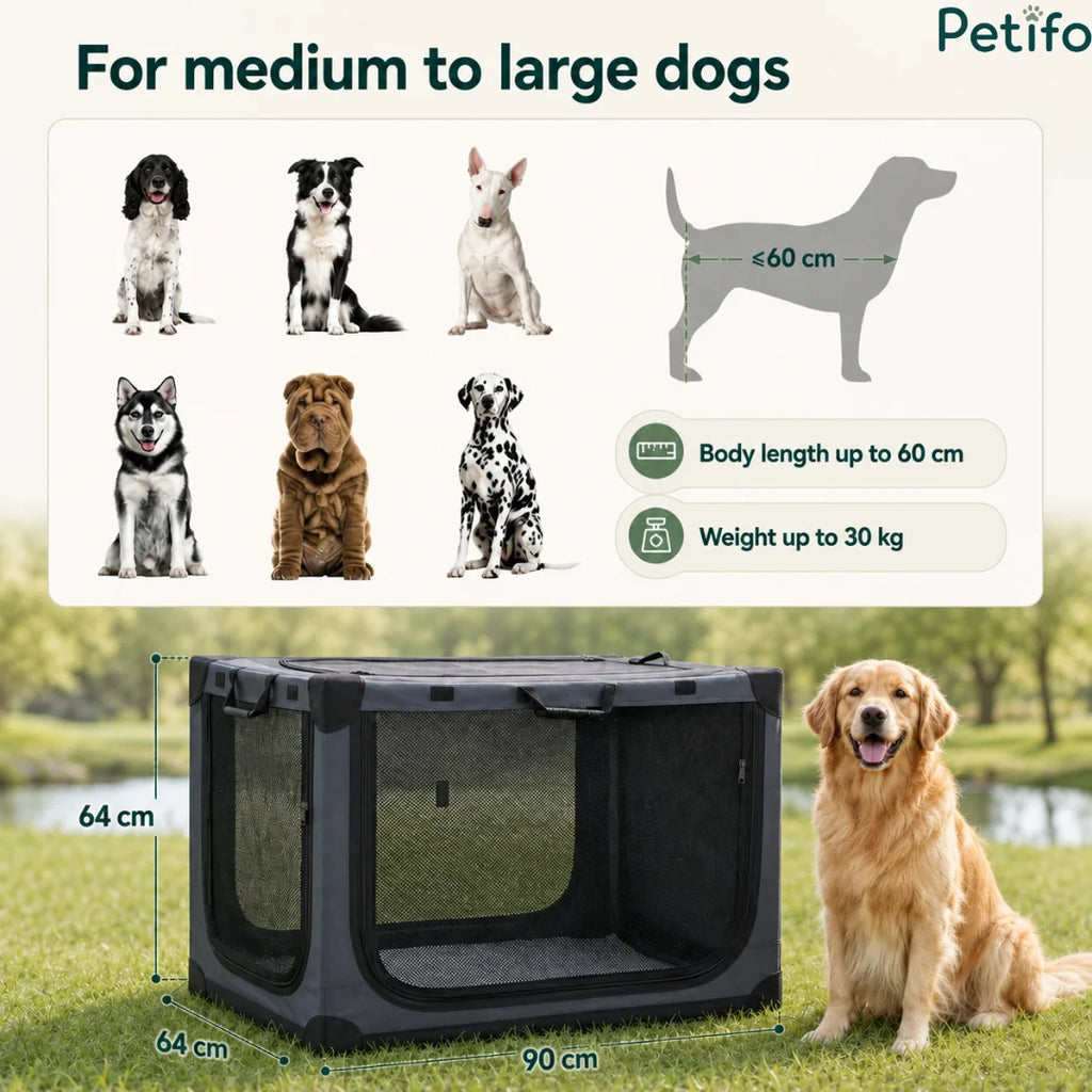 Size dimensions and recommended medium-to-large dog breeds displayed for a spacious collapsible outdoor pet playpen.
