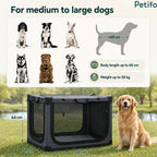 Size dimensions and recommended medium-to-large dog breeds displayed for a spacious collapsible outdoor pet playpen.