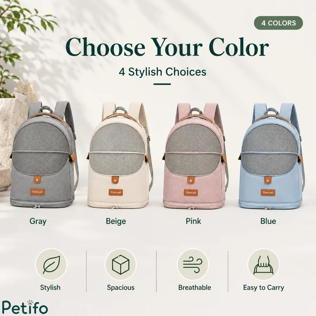 Color showcase display featuring the breathable pet backpack carrier available in gray, beige, pink, and blue.