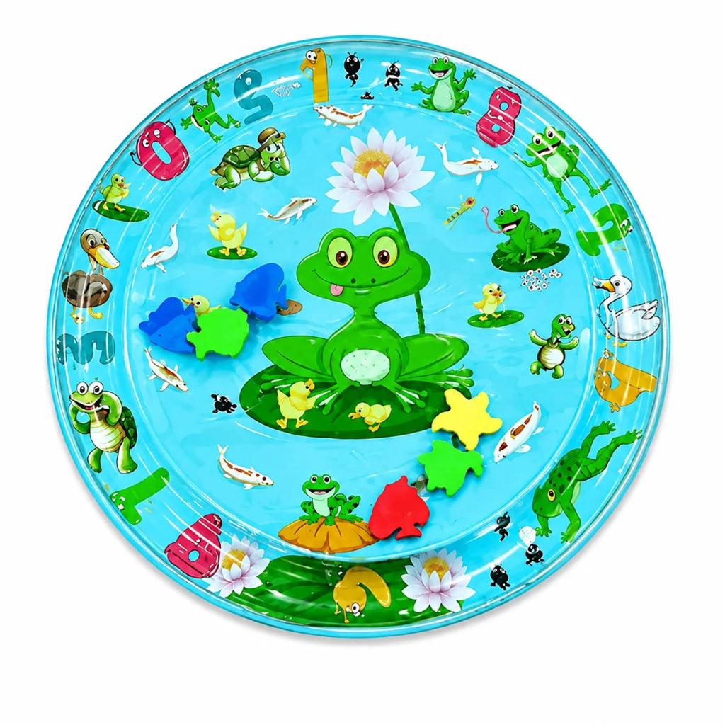 Frog and nature themed inflatable cat water play mat with colorful numbers and animals.