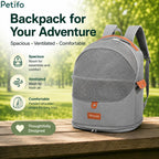 Outdoor promotional banner for the spacious, ventilated, and comfortable grey travel backpack designed for pet adventures.