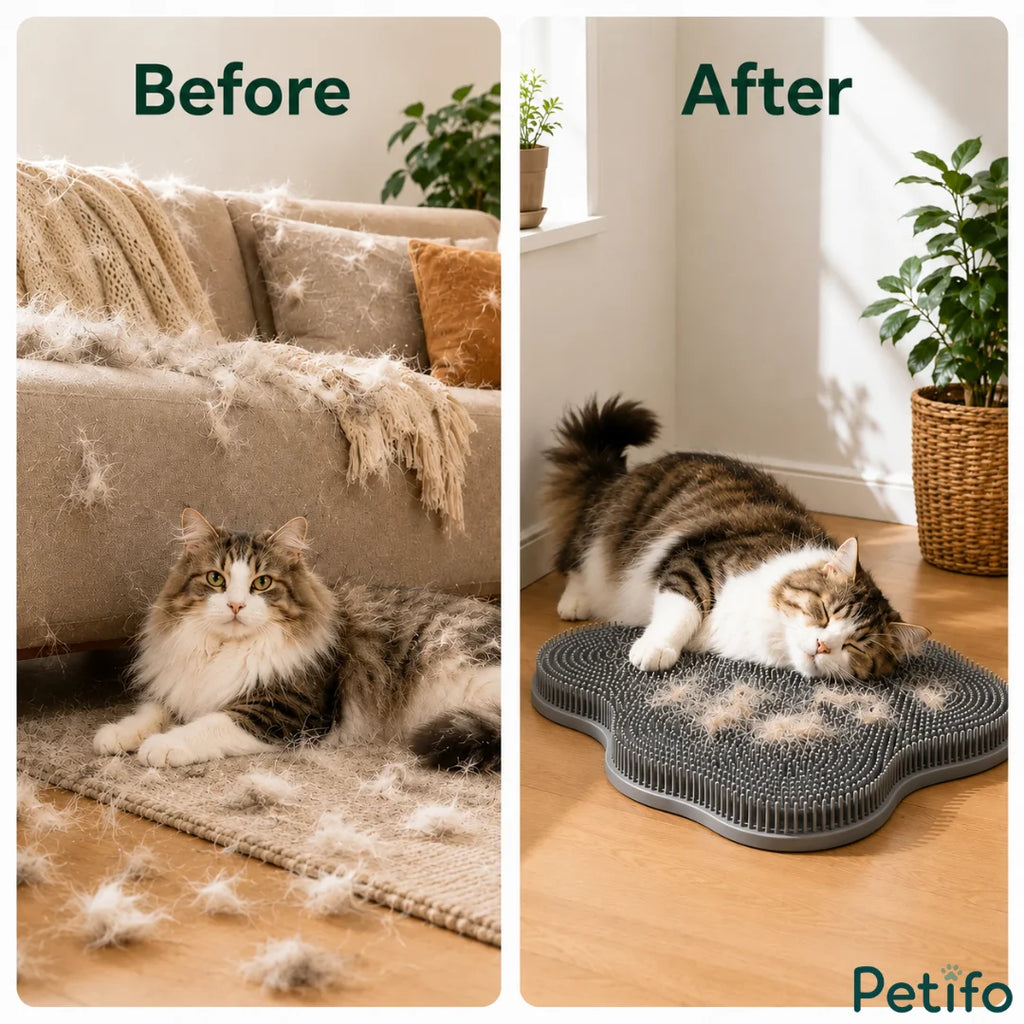 Before-and-after showcase illustrating a room filled with loose pet hair on the furniture before using the groomer, versus a clean floor where a cat relaxes comfortably on the pad afterward.