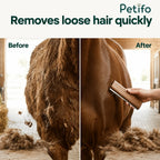 Before and after comparison showing a horse's coat significantly cleaned and detangled using a wooden shedding knife.