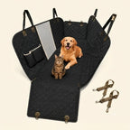 A black quilted car back seat cover with pets inside, featuring side flaps and detachable straps.