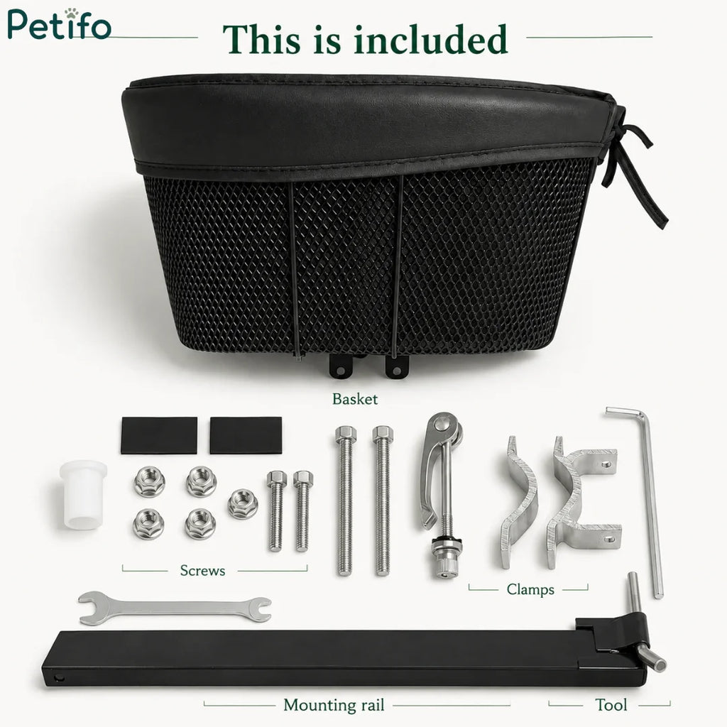 Complete package contents infographic displaying the Petifo basket, mounting rail, clamps, screws, tools, and hardware included.