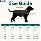 Comprehensive dog jacket size guide chart illustrating back length, chest girth, and neck measurements for sizes XL to 6XL.