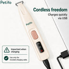 Cordless white pet grooming trimmer connected to a USB charging cable with a charging instructions overlay.