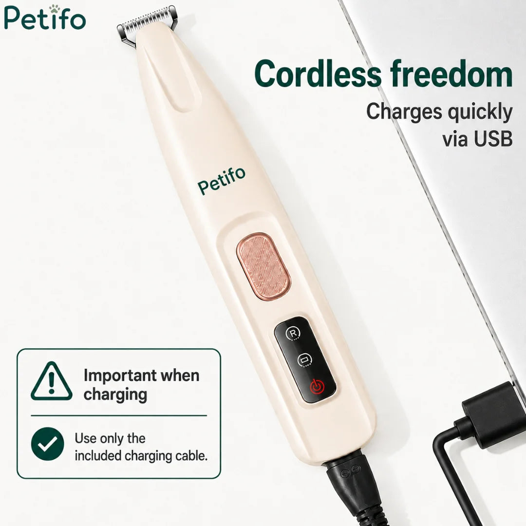 Cordless white pet grooming trimmer connected to a USB charging cable with a charging instructions overlay.