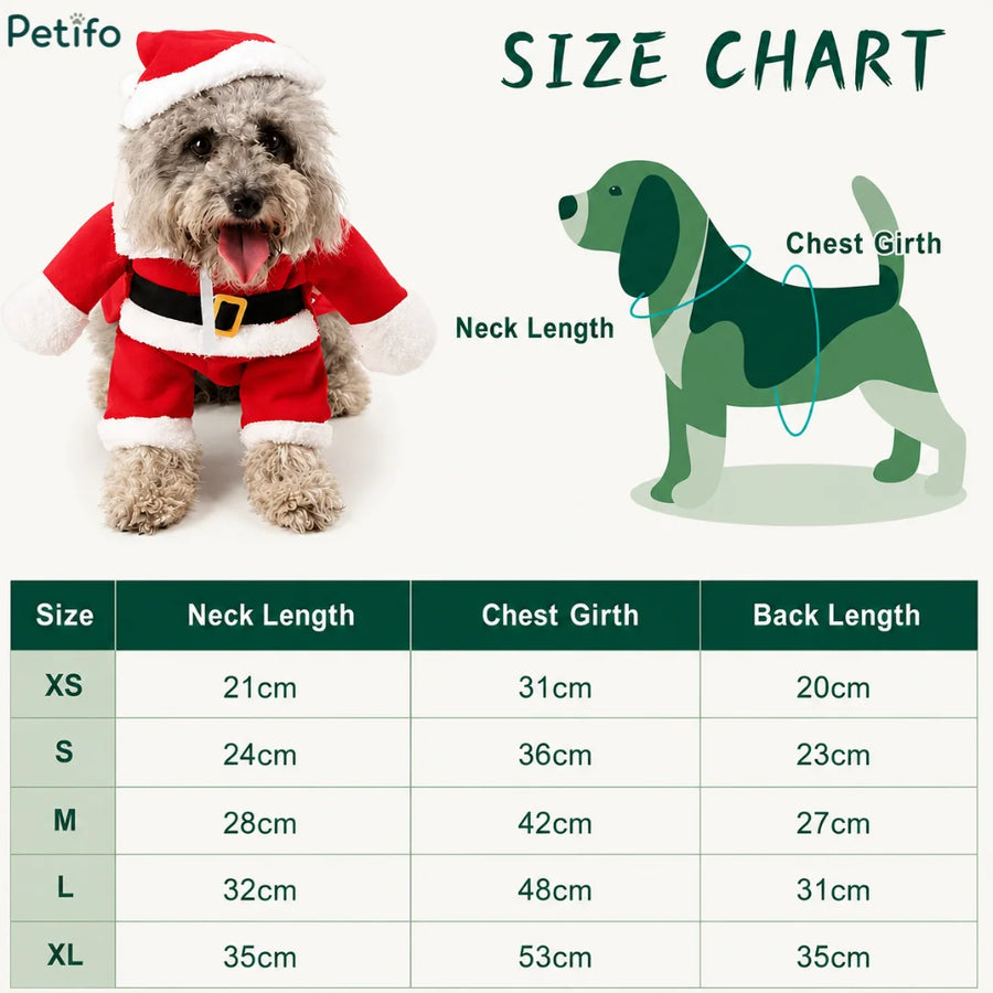 Størrelsesguide til julemandskostume til hunde med mål for hals, bryst og ryglængde.