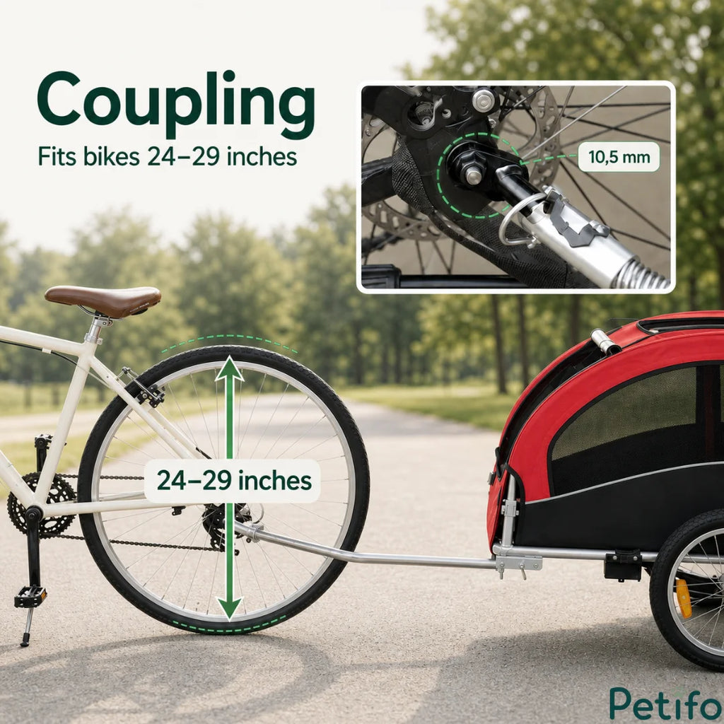 Close-up of the universal bike coupling mechanism attached to a bicycle rear wheel axle sizing between 24 and 29 inches.