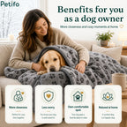 Woman relaxing on a couch with her golden retriever wrapped in a cozy grey paw-print pet blanket.
