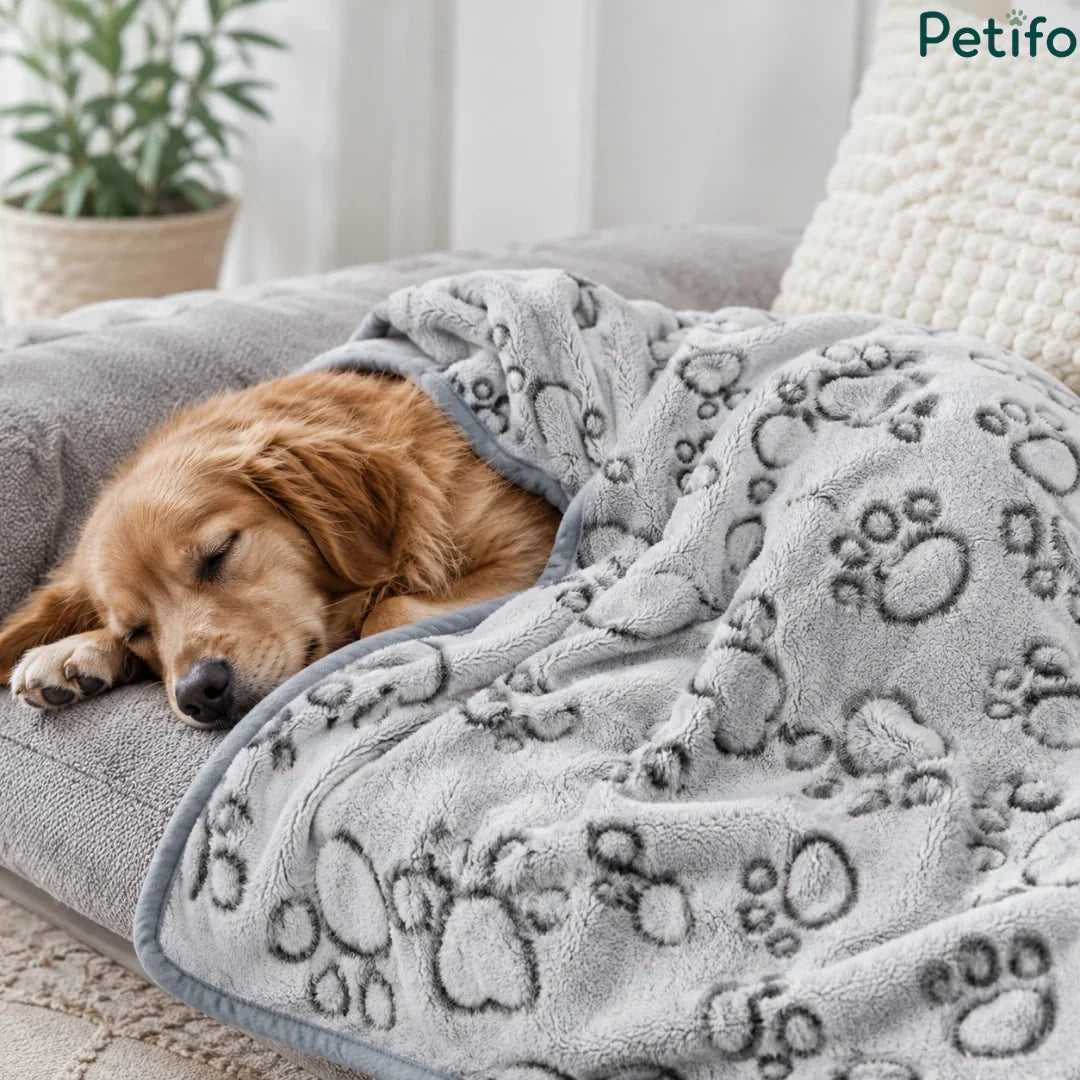 Golden retriever sleeping peacefully on a grey sofa covered with a cozy paw print pet blanket.