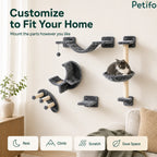 Customizable gray wall-mounted cat furniture components arranged dynamically to fit various living room layouts and save floor space.