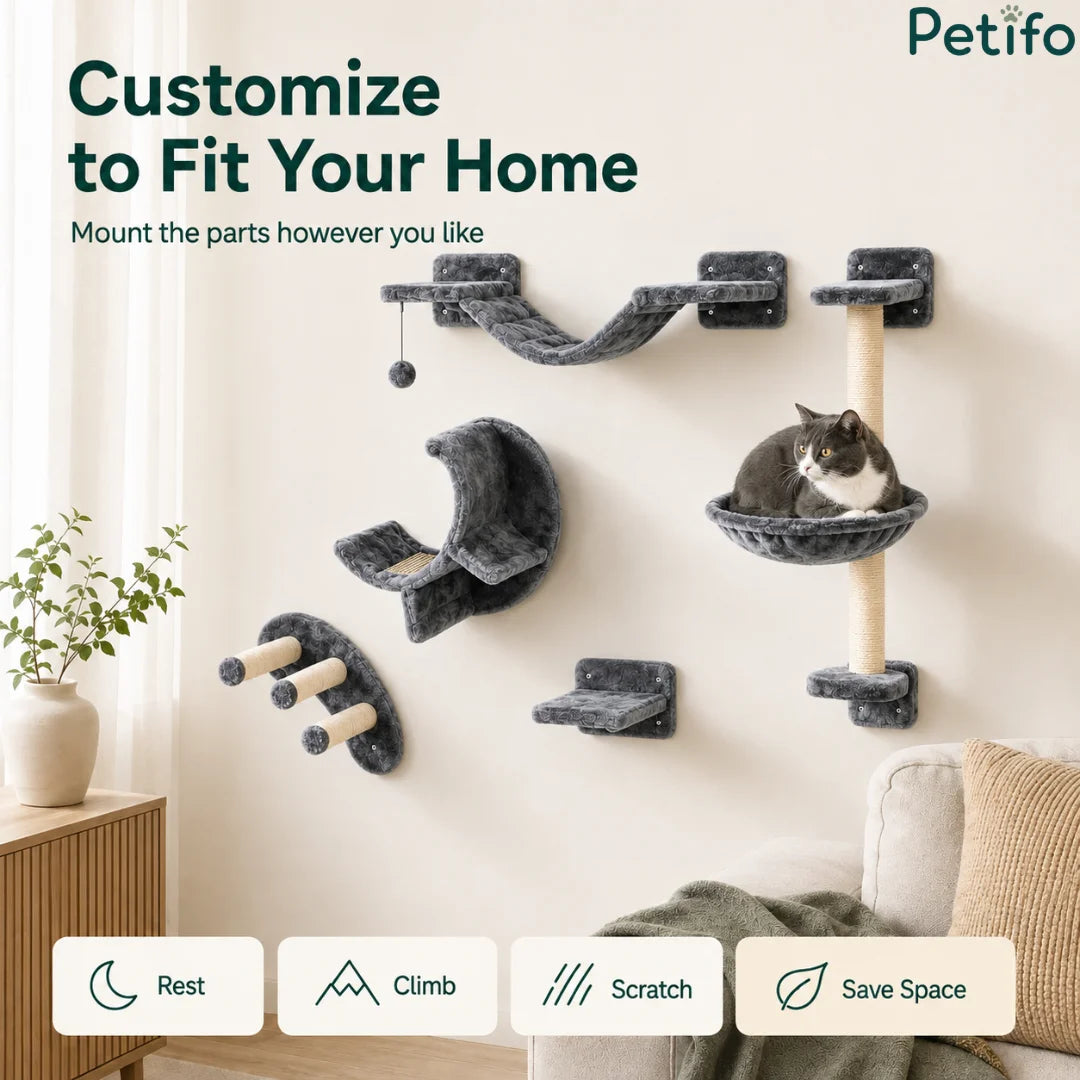 Customizable gray wall-mounted cat furniture components arranged dynamically to fit various living room layouts and save floor space.