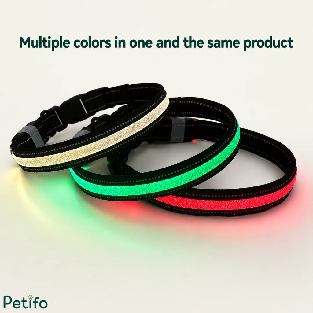 Three smart LED dog collars stacked together displaying multiple customizable colors on a single product.