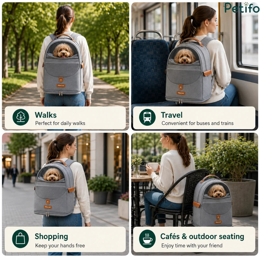 Four-panel lifestyle guide showcasing the pet backpack used during daily walks, public transit travel, shopping, and cafe visits.