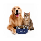 Golden retriever and tabby cat sitting next to a dark blue personalized stainless steel pet food bowl labeled with custom text.