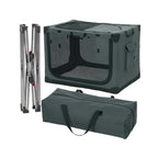 Complete set showing a fully assembled dark grey portable dog crate alongside its folded metal frame and matching carry bag.