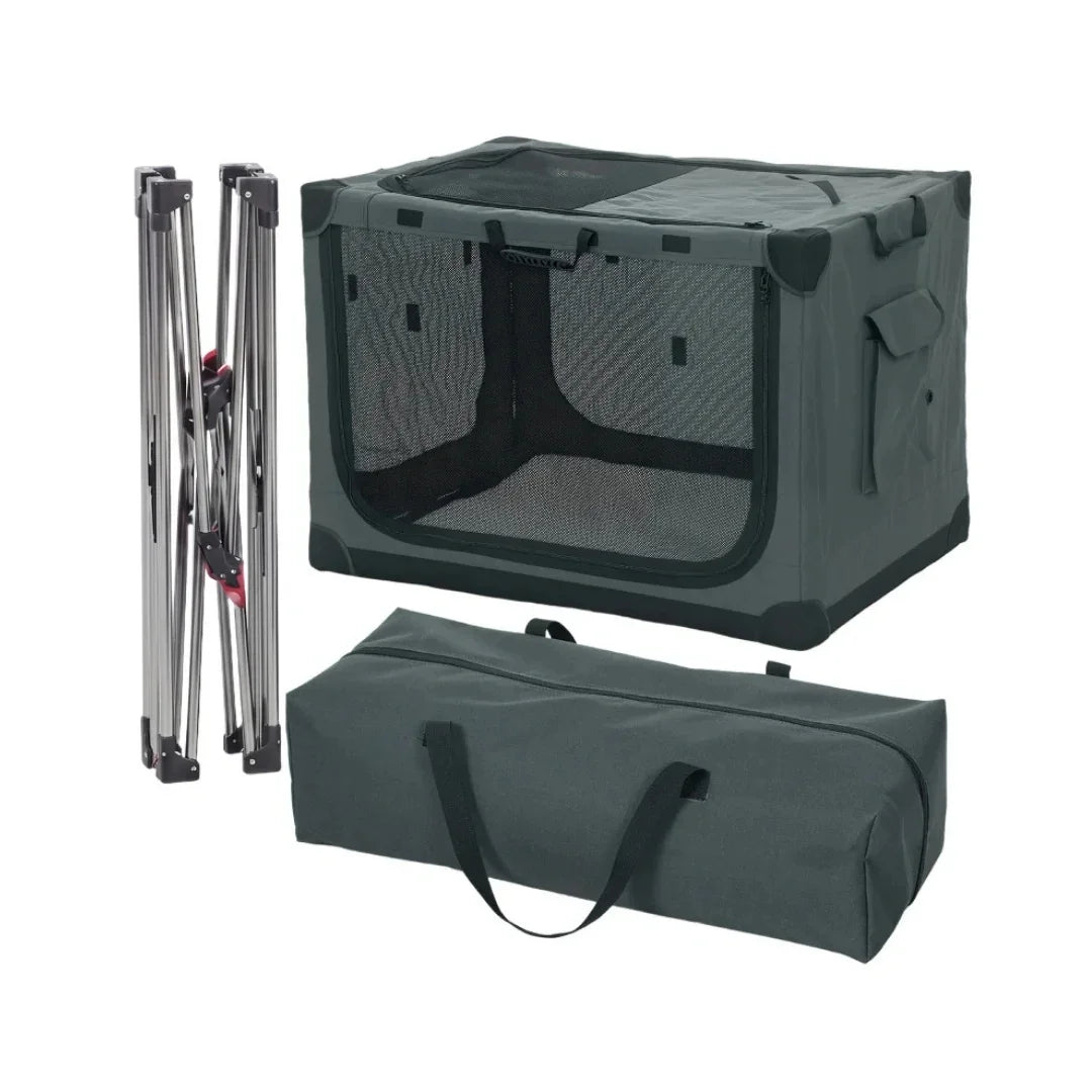 Complete set showing a fully assembled dark grey portable dog crate alongside its folded metal frame and matching carry bag.