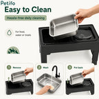 Petifo stainless steel pet bowl demonstrating the hassle-free 3-step daily cleaning process of removing, washing, and putting back.