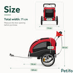 Detailed dimension diagram of the Petifo red pet stroller and bike trailer highlighting total width, height, and length measurements.