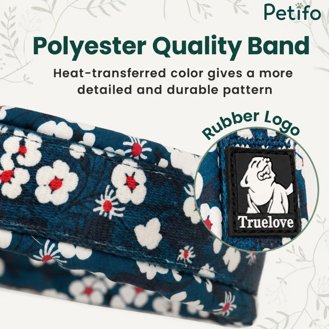 High-quality polyester dog collar band with a detailed floral pattern and a branded Truelove rubber logo tag.