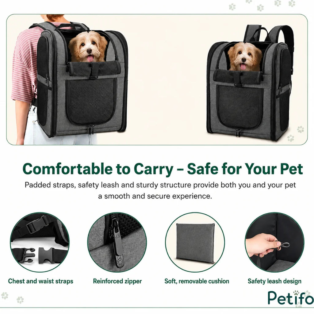Gray pet travel backpack featuring a puppy looking out and detailed highlights of its straps, zippers, removable cushion, and safety leash.