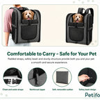 Gray pet travel backpack featuring a puppy looking out and detailed highlights of its straps, zippers, removable cushion, and safety leash.
