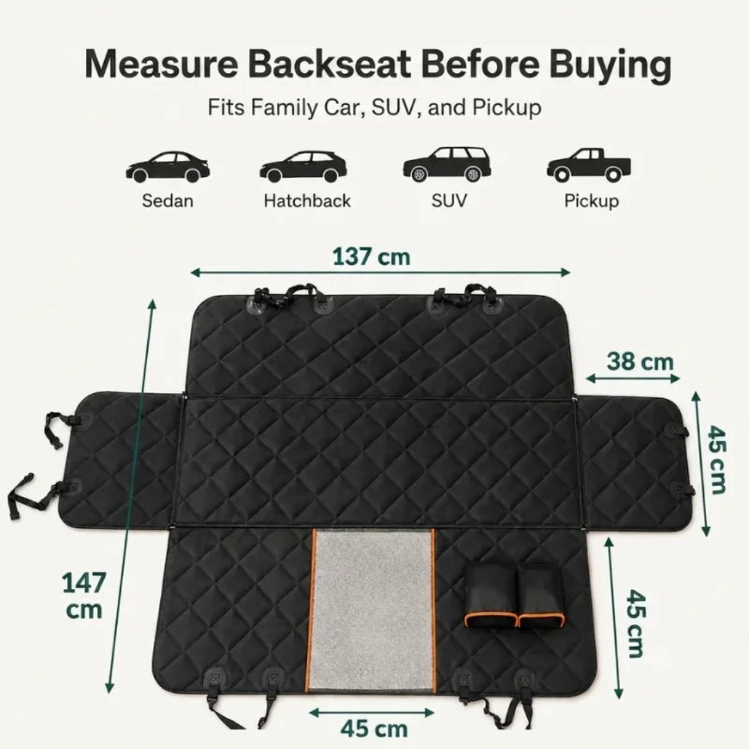 Detailed measurement diagram of the 137 cm car back seat cover, suitable for sedans, hatchbacks, SUVs, and pickups.