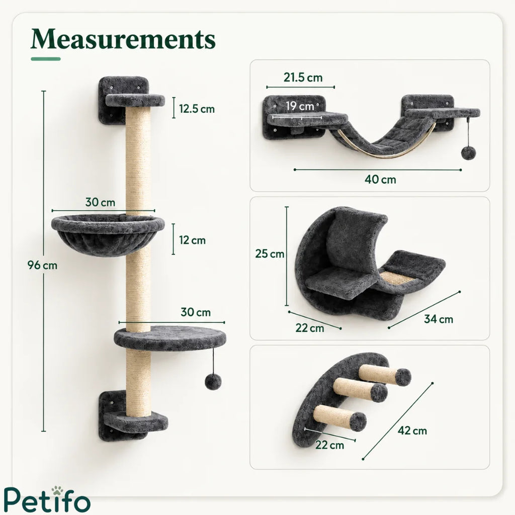Detailed measurement infographic displaying dimensions in centimeters for each component of the modular gray wall cat furniture.