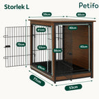 Technical diagram showing the detailed measurements in centimeters for the size Large (Storlek L) wooden dog crate furniture.