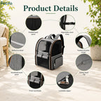 Detailed product breakdown of the Petifo pet carrier highlighting its padded back panel, adjustable chest strap, padded shoulder straps, safety leash clip, lockable zipper, front sunshade, ventilated mesh panels, and reflective details.